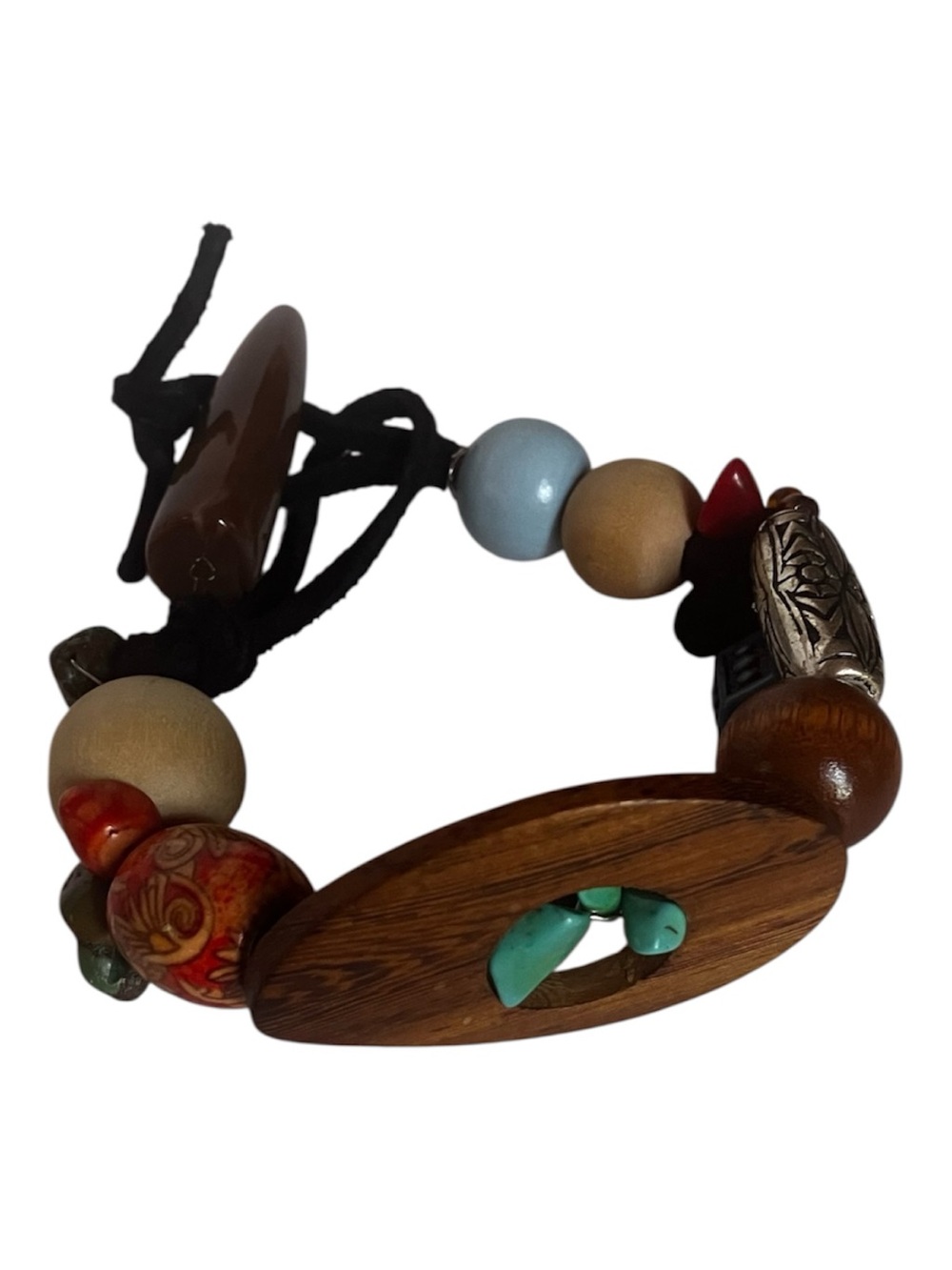 Handcrafted Boho Southwestern Wooden Bead Bracelet with Leather Cord New
